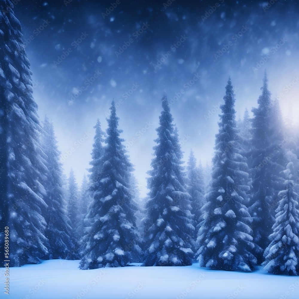 Winter landscape with fir trees, snowflakes and heavy snowfall shining stars in the sky - generative ai Winter landscape with fir trees, snowflakes and heavy snowfall shining stars in the sky - generative ai