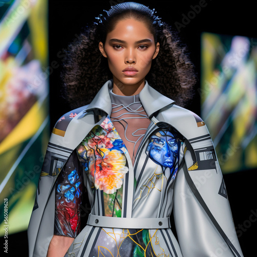 An attractive young woman is a fashion model wearing a creative women's suit on a catwalk. Generative AI photo