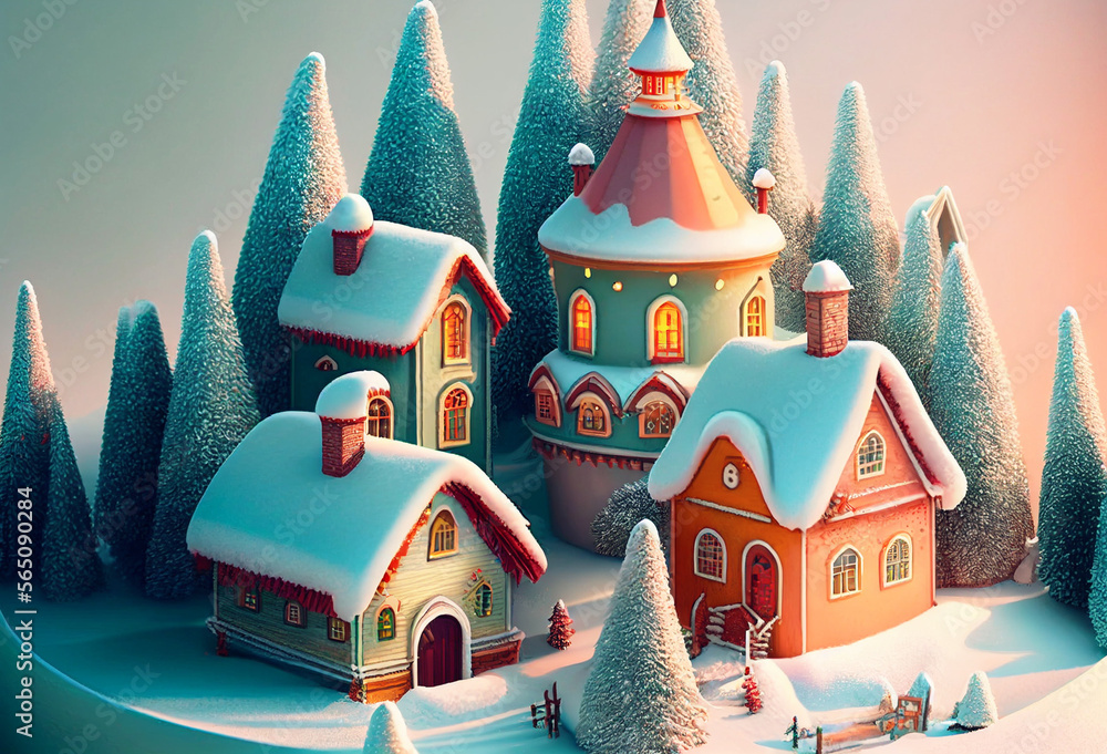 Christmas village with cute houses. Happy new year and merry christmas. Generative Ai Art. Winter forest.