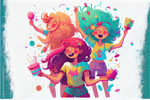 Three girls with paint on their hands celebrate Holi festival. Generative AI