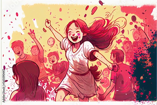 Redhead happy girl celebrating holi festival. Generative AI