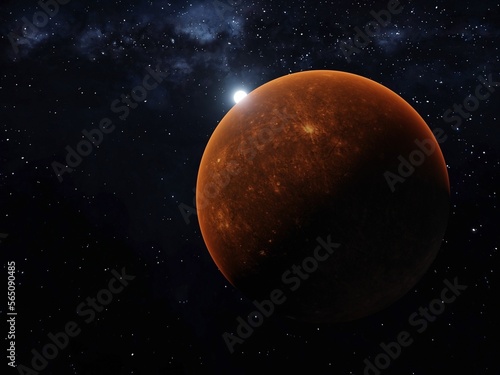 3d render of mercury and blue star and milky way view from orbit