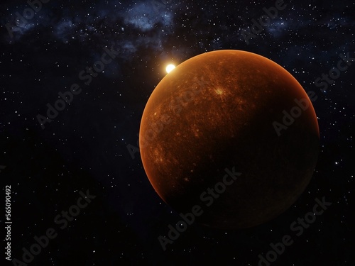 3d render of mercury and sun and milky way view from orbit