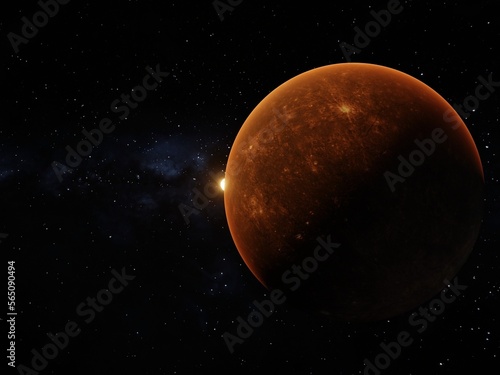 3D render of Mercury and the Sun from the side of the orbit
