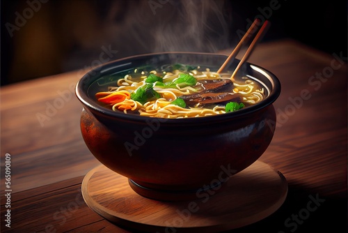 Thai chinese chicken noodle soup with rice. Generative AI