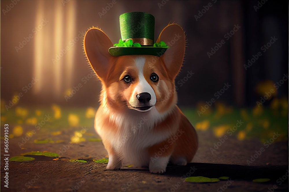 Corgi dog in a green hat celebrating St Patrick Day. Generative AI