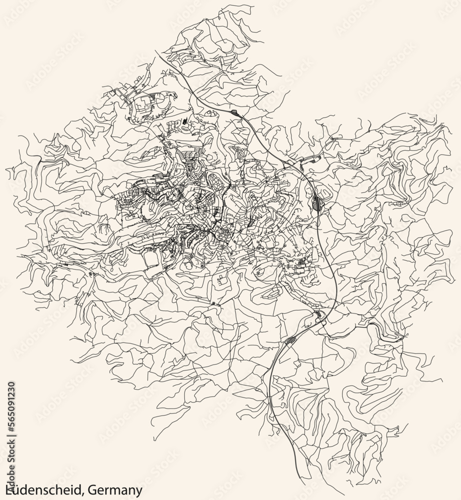 Fototapeta premium Detailed navigation black lines urban street roads map of the German town of LÜDENSCHEID, GERMANY on vintage beige background
