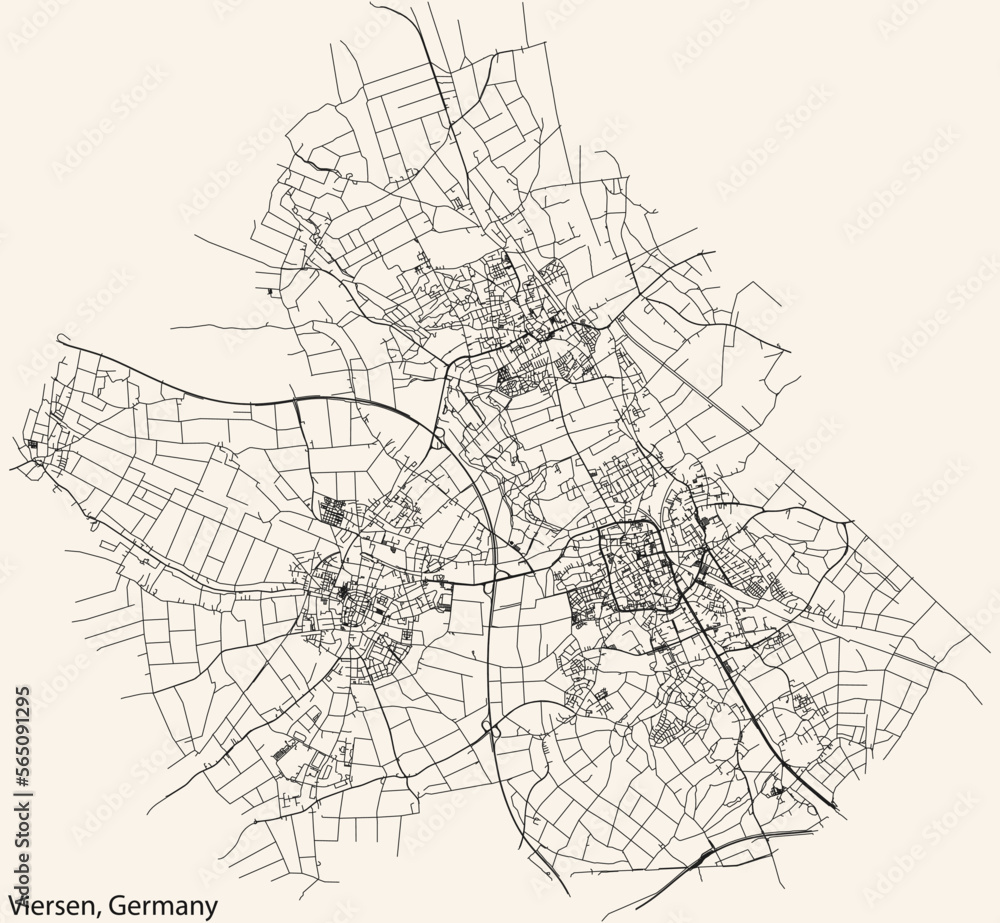 Detailed navigation black lines urban street roads map of the German town of VIERSEN, GERMANY on vintage beige background