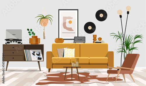 Vintage and cozy space with poster frame, sofa, coffee table, plants, commode, decoration and personal accessories.