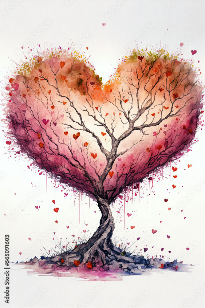 The Tree of love. Heart tree. Symbol of love. Heart watercolor painting. Watercolor valentines day background - obrazy, fototapety, plakaty 