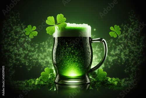 St Patrick's Day green beer with Shamrock and bstract green bokeh background for happy st patrick's day celebration background design