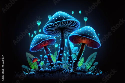 Glowing fantasy colorful mushrooms on black background. Generative AI