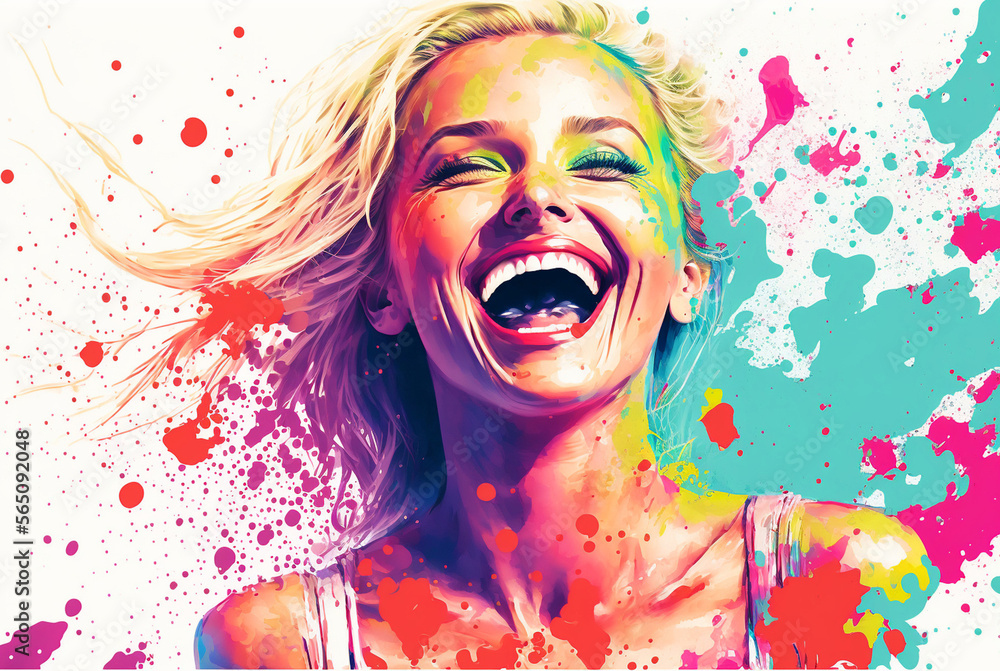 Having fun and being happy, a young woman is overjoyed and exploding in colors, colorful happiness and joy. Generative AI