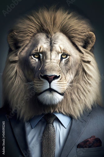 A concept of businessman. One idea is that the businessman has the head of an animal. Portrait of a lion dressed in a formal suit. The image was created with artificial intelligence. AI