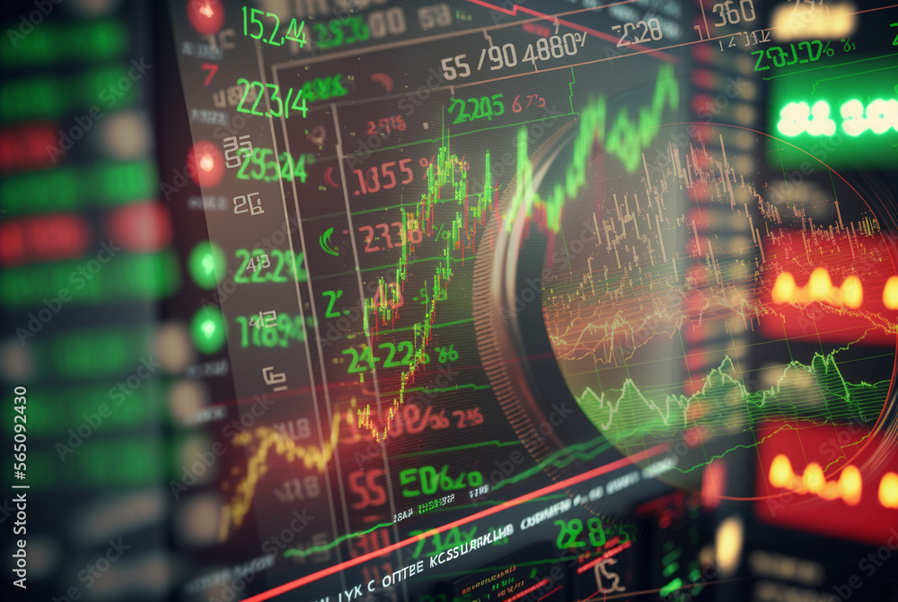 Fototapeta premium the stock market, a bull market in green with analysis graphs. Generative AI