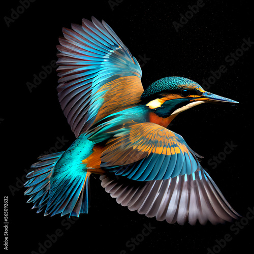 Fototapeta Image of common kingfisher (Alcedo atthis) in flight isolated on black background
