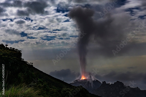 Volcano Santiaguito at night, view from Santa María, Guatemala, May 2018