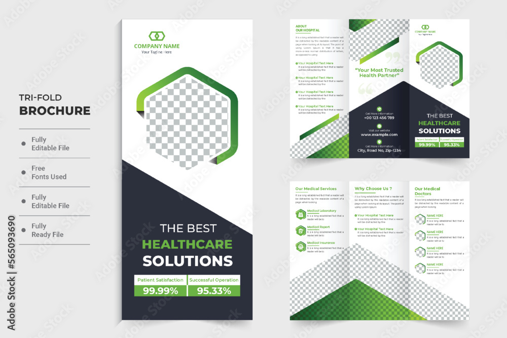 Modern hospital double sided tri fold brochure vector for advertisement. Medical poster design with green and dark colors. Healthcare center trifold brochure vector with photo placeholders. Modern hospital double sided tri fold brochure vector for advertisement. Medical poster design with green and dark colors. Healthcare center trifold brochure vector with photo placeholders.