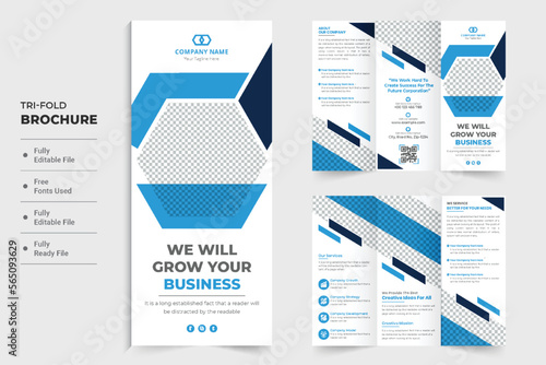 Modern business promotional tri fold brochure design with abstract hexagon shapes. Creative tri fold brochure vector with blue and dark colors. Marketing agency advertisement brochure design.