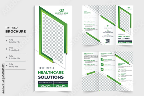 Medical service tri fold brochure template design with abstract green shapes. Hospital promotional poster design for marketing. Healthcare center advertisement template design with photo placeholders.