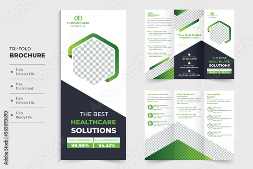 Modern hospital double sided tri fold brochure vector for advertisement. Medical poster design with green and dark colors. Healthcare center trifold brochure vector with photo placeholders.