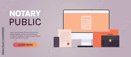 Notary workplace and sealed document legal trust, laptop signing, legalization documents horizontal concept flat vector illustration.
