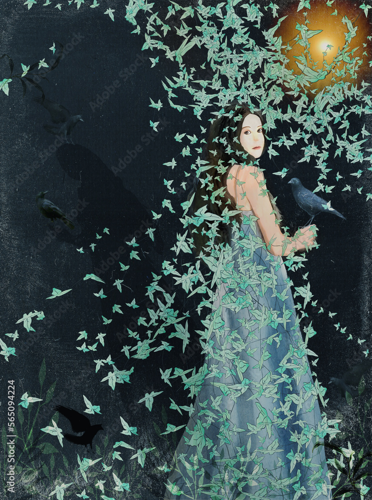 Ilustracja grafika młoda kobieta z długimi włosami z krukiem, otoczona zwisającym zielonym bluszczem. - obrazy, fototapety, plakaty 