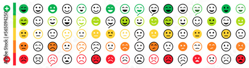Feedback emoji icon set. Bad and Good Review. Happy and Sad reaction. Five facial expression of feedback icon. Rating satisfaction. Emojis flat style. Vector illustration