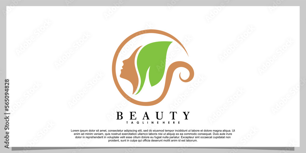 beauty logo design with head women and leaf creative concept