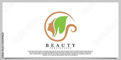 beauty logo design with head women and leaf creative concept