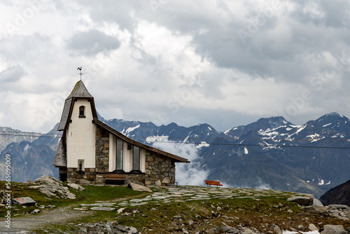 Church above the Austrian village of Sölden by the slope of the World Cup in skiing