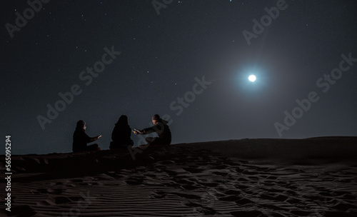 friends in the desert night, sahara, morocco, moon, moonrise, magical, stars