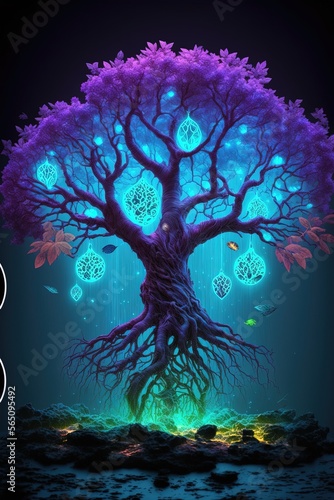 A beautiful Pandora's tree of life, avatar, water, purple glowing forest.
