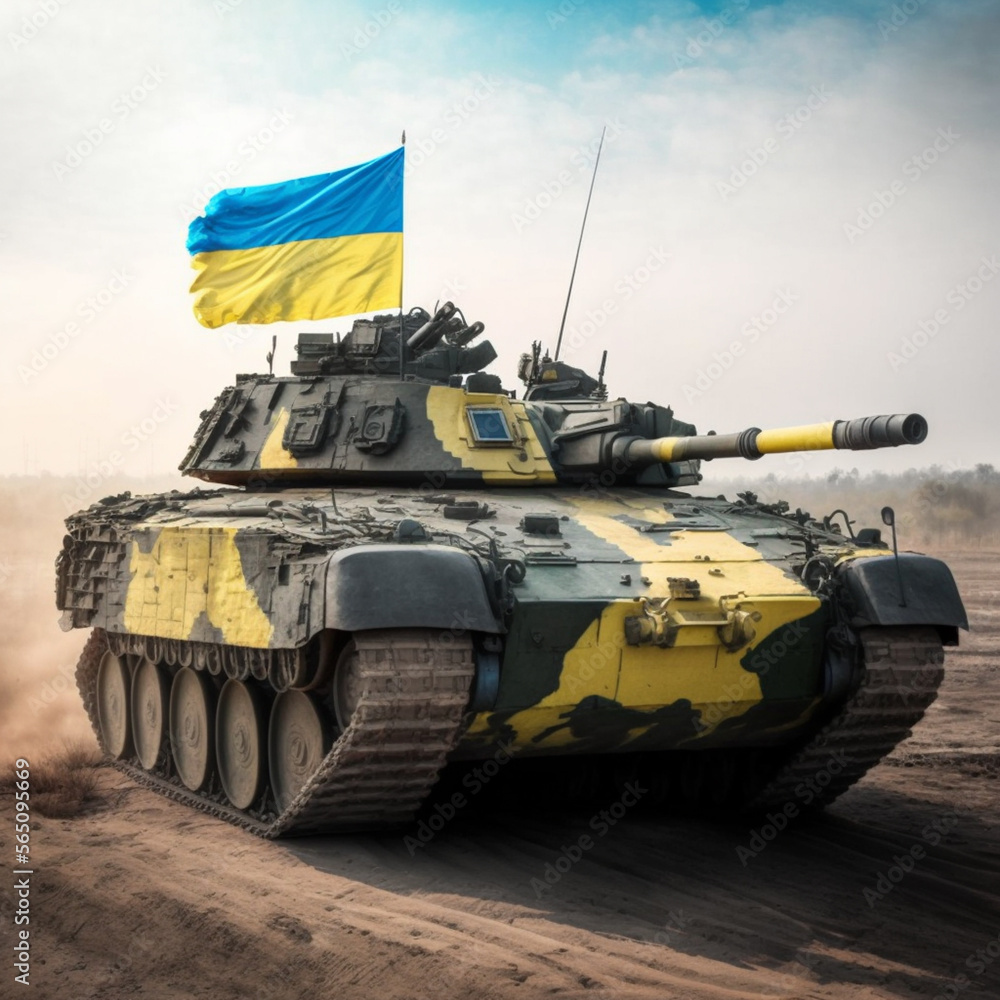 Abrams tank in the army of Ukraine, rides across the field with the flag of Ukraine, and pixel yellow-green camouflage