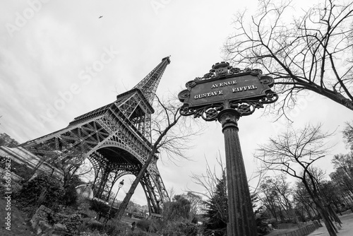 eiffel tower, Paris, France, Europe, black and white, wide angle.