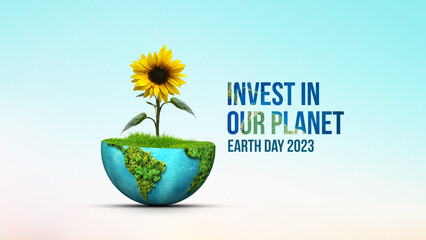 Invest in our planet- World Environment day 3d concept design. Happy Environment day, 05 June. Green earth with sunflower plant isolated on white background. 