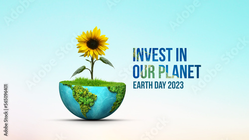 Invest in our planet- World Environment day 3d concept design. Happy Environment day, 05 June. Green earth with sunflower plant isolated on white background. 