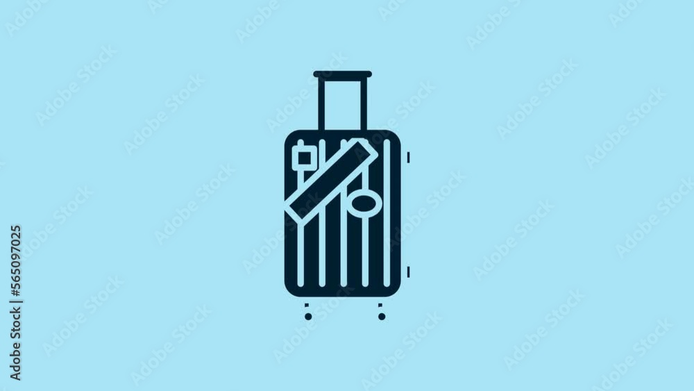 Blue Suitcase for travel and stickers icon isolated on blue background. Traveling baggage sign. Travel luggage icon. 4K Video motion graphic animation Blue Suitcase for travel and stickers icon isolated on blue background. Traveling baggage sign. Travel luggage icon. 4K Video motion graphic animation