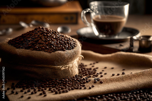 Coffee beans on burlap close up. Blurred coffee house background. Generative AI