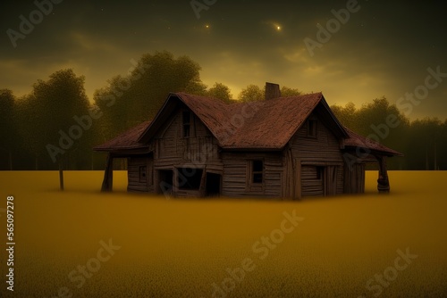 Outdoor photo of realistic old creepy wooden ranch isolated in the middle of a field, yellow grass, night time, eerie, horror, creepy, cinematic, depth of field, colour graded - generative ai