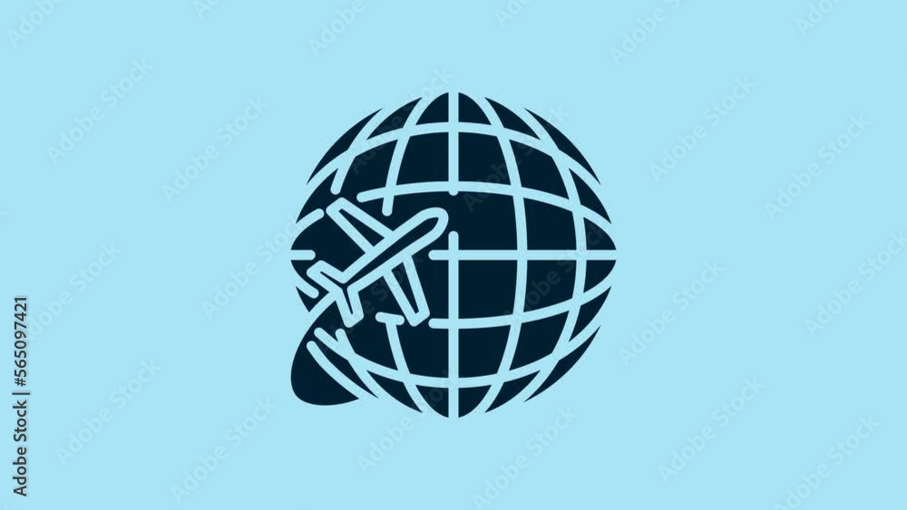 Blue Globe with flying plane icon isolated on blue background. Airplane fly around the planet earth. Aircraft world icon. 4K Video motion graphic animation Blue Globe with flying plane icon isolated on blue background. Airplane fly around the planet earth. Aircraft world icon. 4K Video motion graphic animation