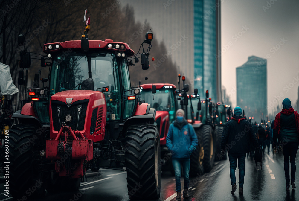 a blockade and demonstration of peasants or farmers who are protesting with their tractors on a street in a city, fictional people and place. Generative AI - obrazy, fototapety, plakaty 