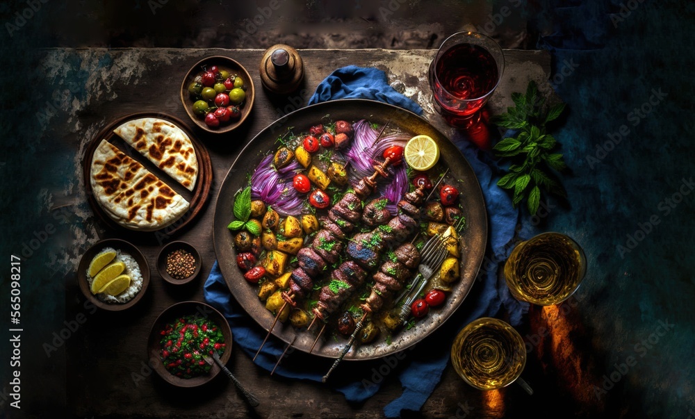 Middle eastern, Arabic or Mediterranean dinner table with grilled lamb kebab, chicken skewers with roasted vegetables