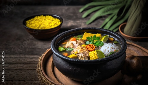 Colombian sancocho typical Colombian food in a black bowl on a rustic wooden table  photo