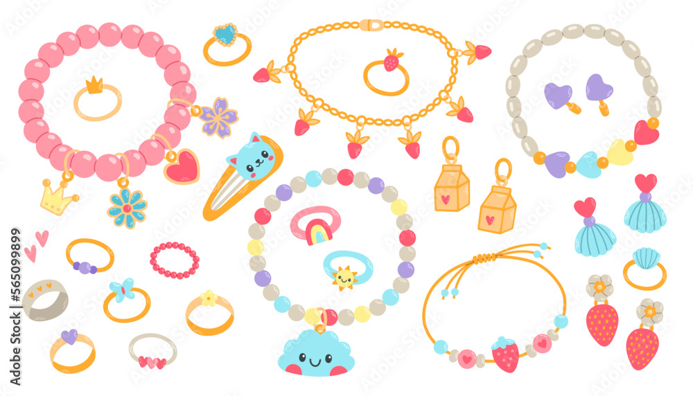 Kids jewelry set. Cartoon drawing of jewelry for children isolated on white. Fashion, jewelry concept Kids jewelry set. Cartoon drawing of jewelry for children isolated on white. Fashion, jewelry concept