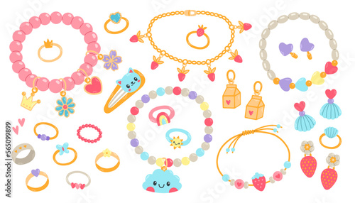Kids jewelry set. Cartoon drawing of jewelry for children isolated on white. Fashion, jewelry concept