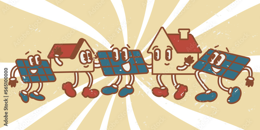 Fototapeta premium House and solar panel vintage style illustration. Ecological alternative electricity power. Sun energy for kids cartoon funny style 60th 70th. Benefits of alternative energy. Build eco green community