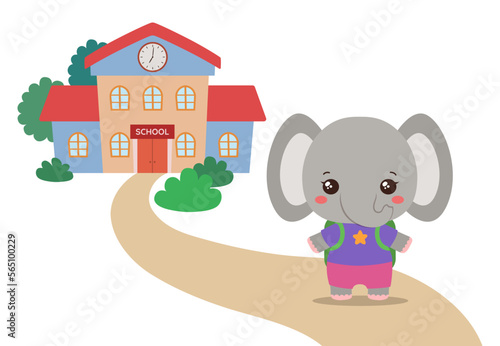 Back to school kawaii elephant vector illustration. Cute animal student on a path to school building. Smiling elephant fun animal cartoon character. Elementary school clipart flat design.