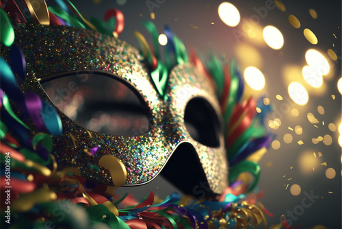 realistic golden carnival mask. Confetti and ribbons. generative AI