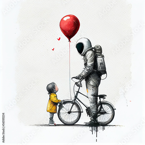 Fotografiet an astronaut and a little kid with red balloon and bicycle, created with generat